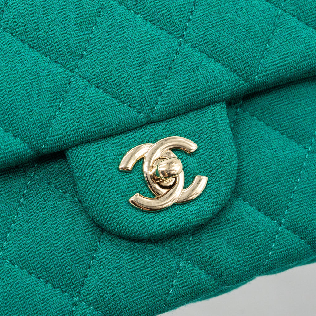 CHANEL 23A CLASSIC FLAP CLUTCH FABRIC GREEN LGHW(MICROCHIP)