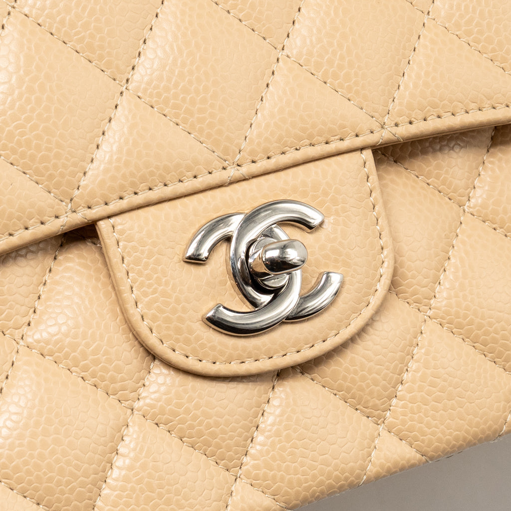 CHANEL SMALL CLASSIC DOUBLE FLAP BAG CAVIAR BEIGE SHW (MICROCHIP)