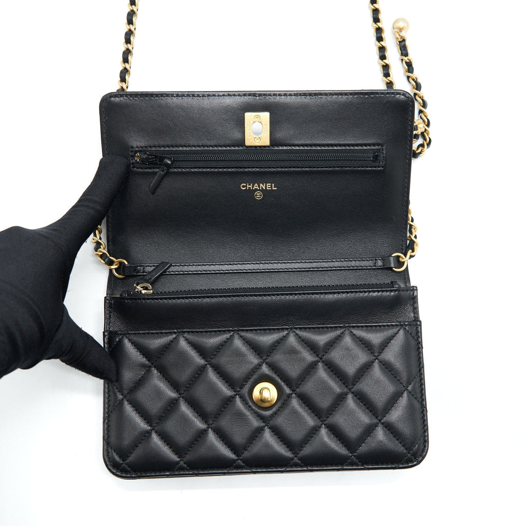 CHANEL PEARL CRUSH WALLET ON CHAIN LAMBSKIN BLACK GHW (MICROCHIP)
