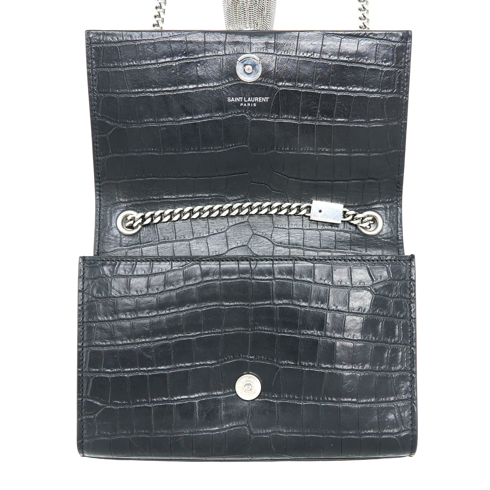 SAINT LAURENT KATE TASSEL CROC EMBOSSED CALFSKIN BLACK SHW