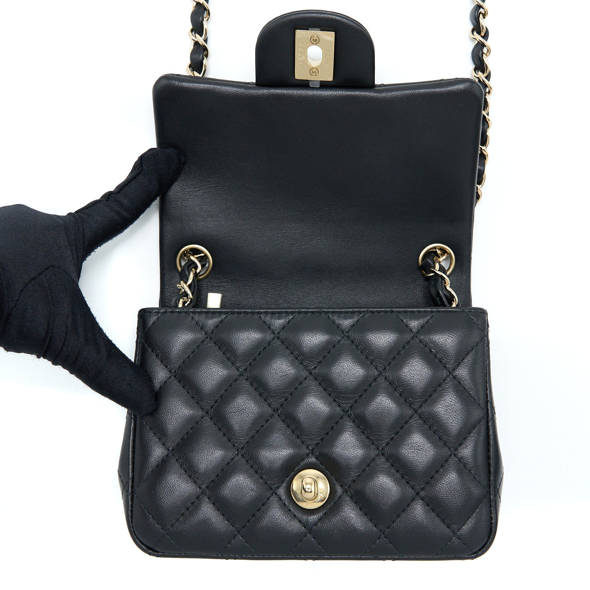 CHANEL CLASSIC MINI SQUARE FLAP BAG LAMBSKIN BLACK LGHW (MICROCHIP)