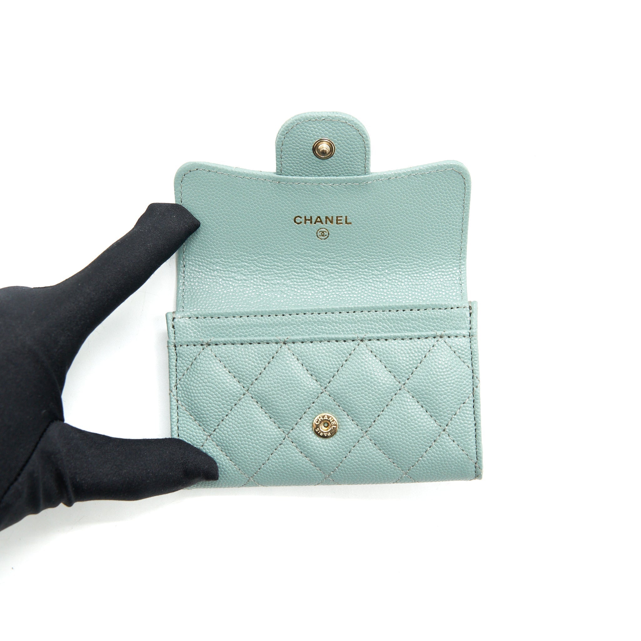 CHANEL 22C FLAP CARD HOLDER CAVIAR NG124 GREEN LGHW