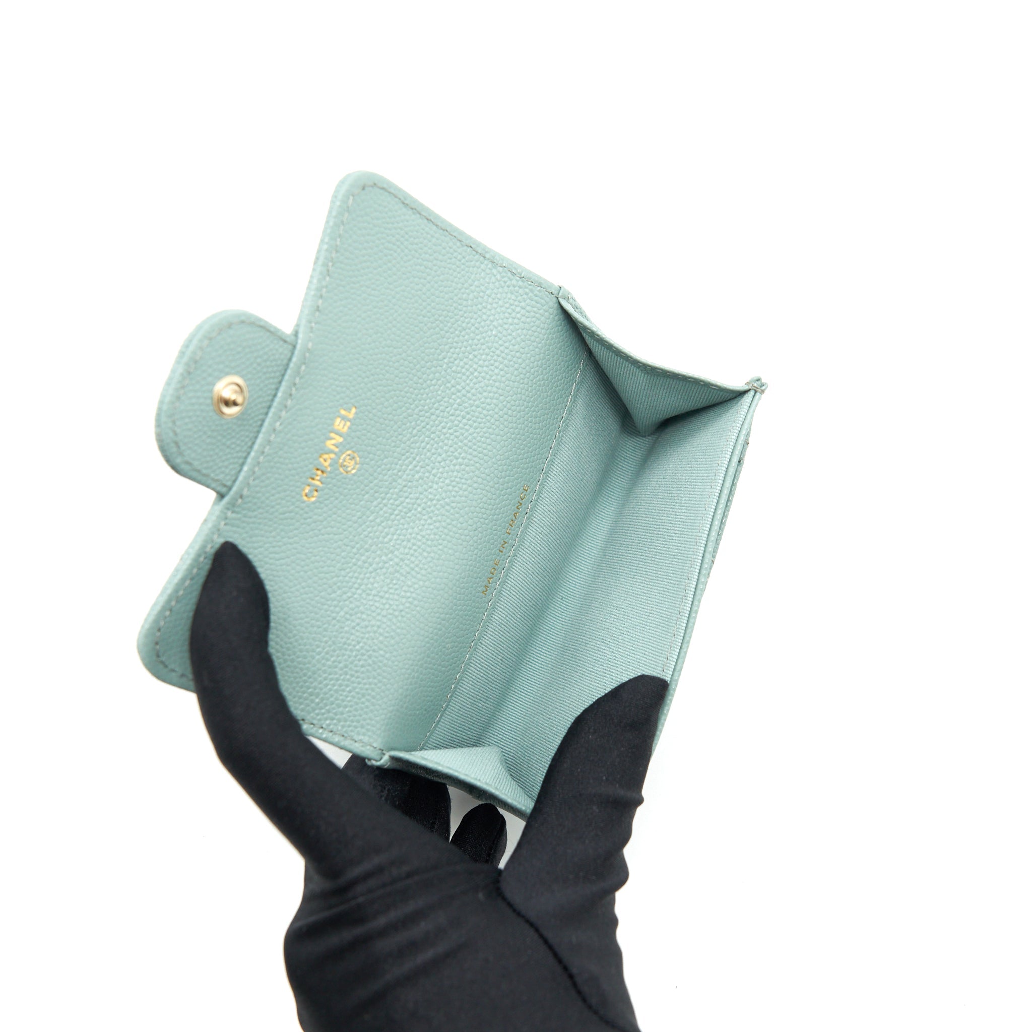 CHANEL 22C FLAP CARD HOLDER CAVIAR NG124 GREEN LGHW