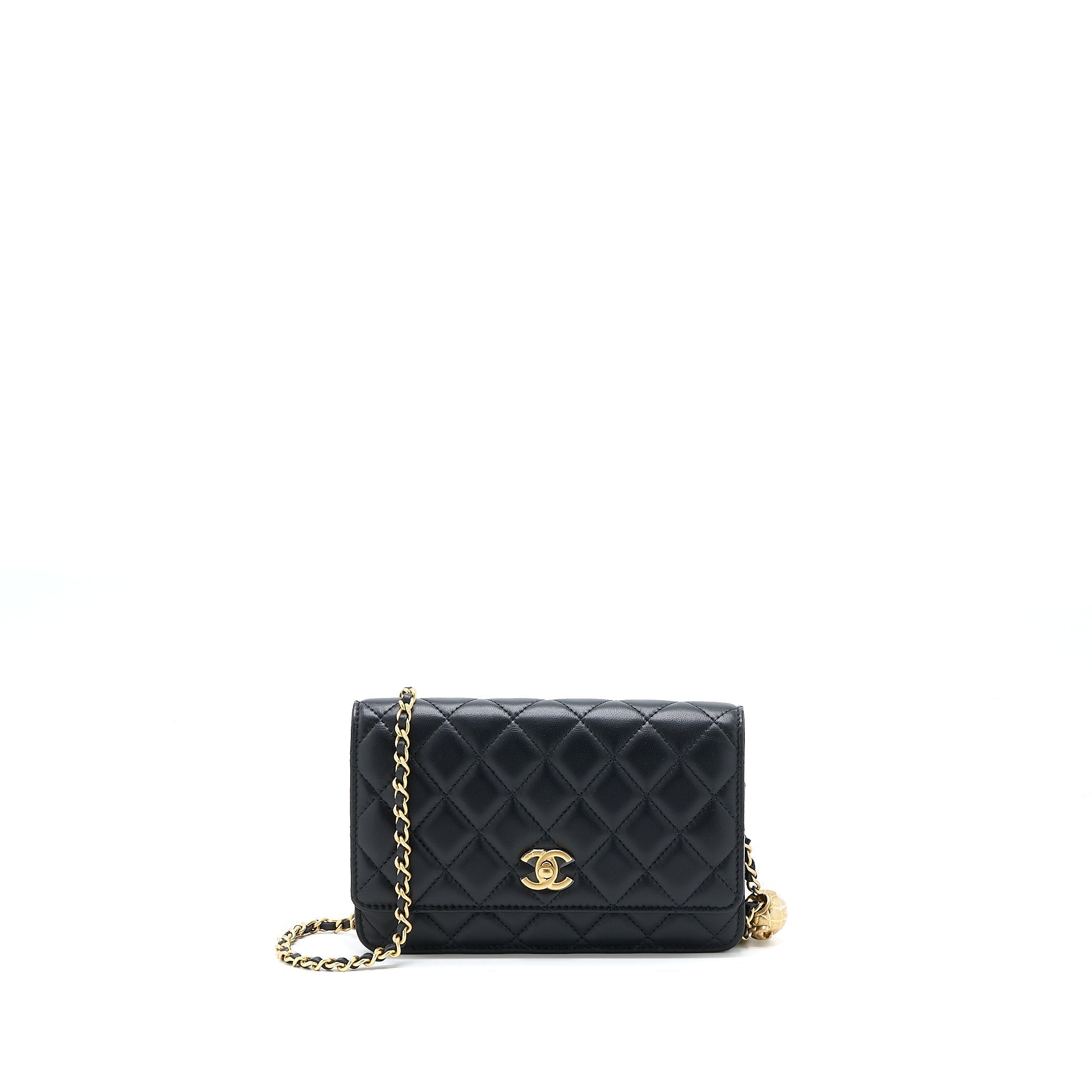 CHANEL PEARL CRUSH WALLET ON CHAIN LAMBSKIN BLACK BRUSHED GHW (MICROCHIP)