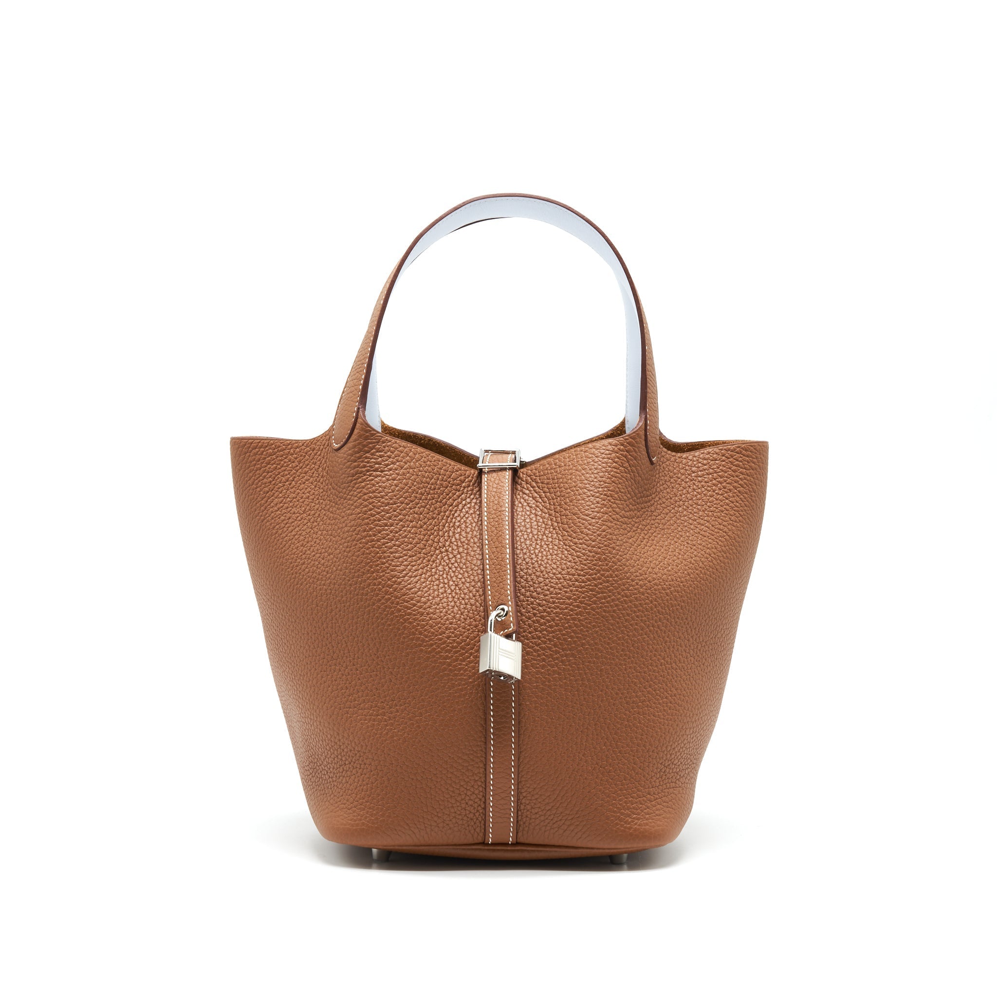 HERMES PICOTIN 22 LOCK BAG GOLD WITH BLUE BRUME HANDLE SHW