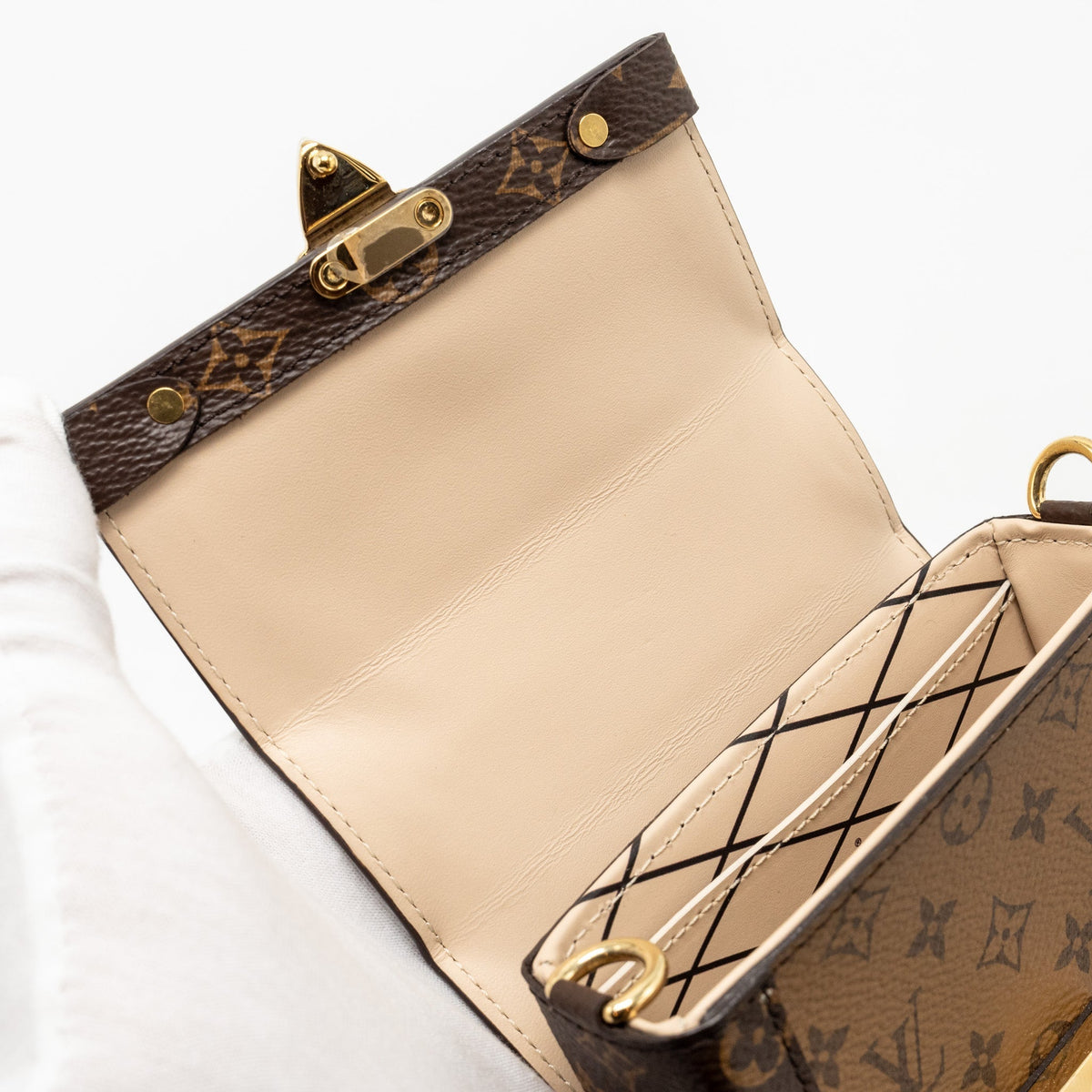 LOUIS VUITTON VERTICAL TRUNK POCHETTE WITH CHAIN MONOGRAM REVERSE CANVAS GHW
