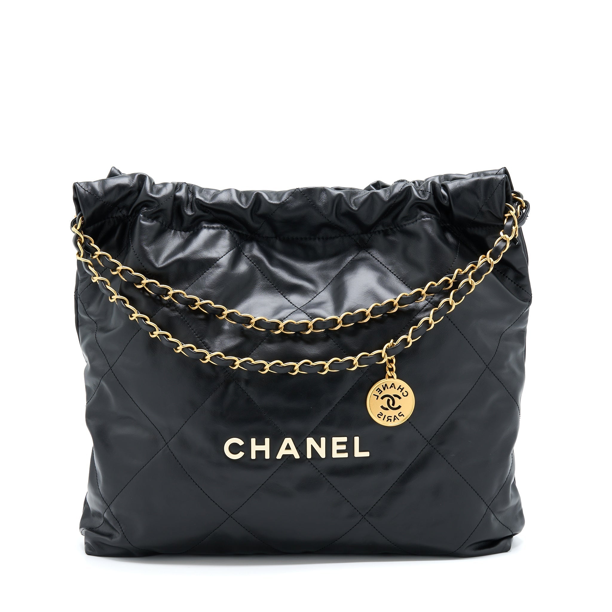 CHANEL 22 BAG MEDIUM SHINY CALFSKIN BLACK GHW (MICROCHIP)