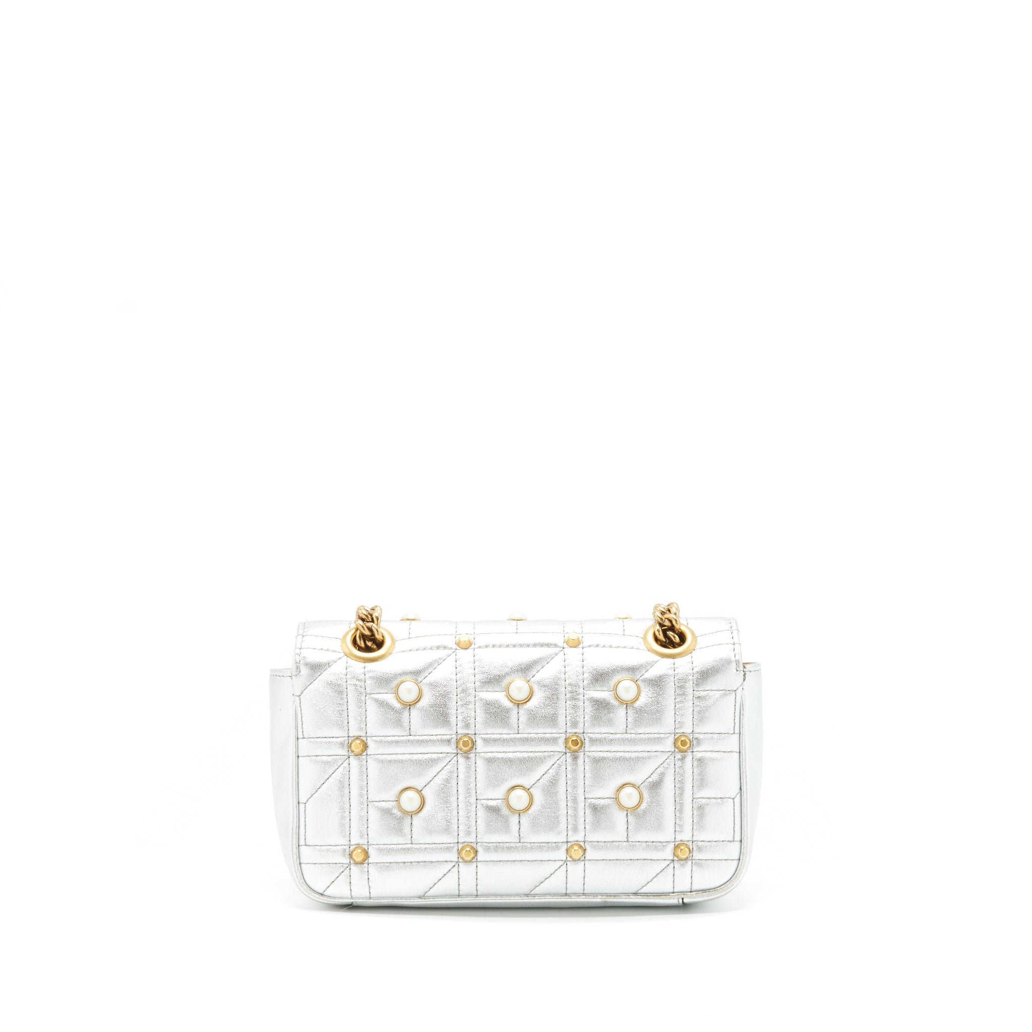 GUCCI MINI GG MARMONT FLAP BAG LIMITED EDITION SILVER WITH PEARL/GOLD HARDWARE