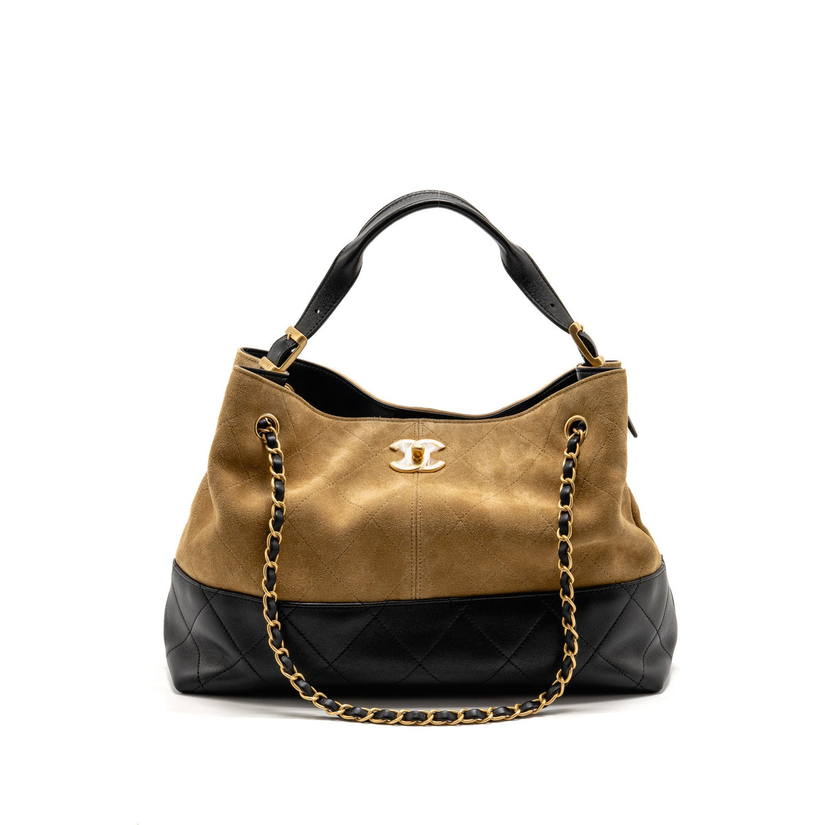 CHANEL SMALL SHOPPING BAG SUEDE/SHINY LAMBSKIN BEIGE/BLACK GHW (MICROCHIP)