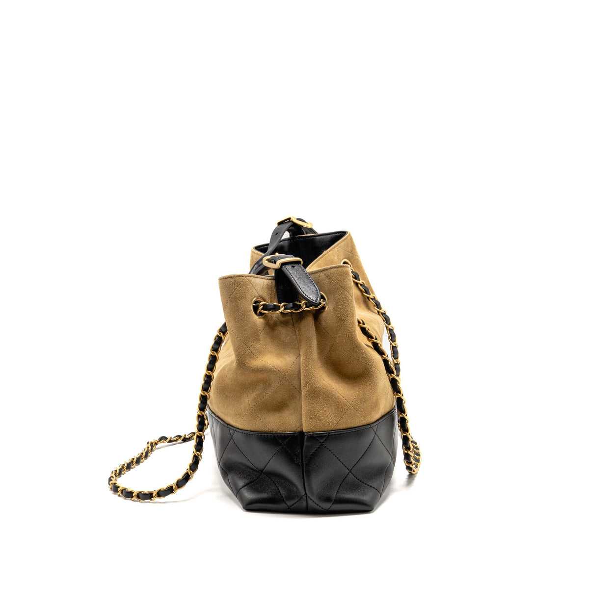 CHANEL SMALL SHOPPING BAG SUEDE/SHINY LAMBSKIN BEIGE/BLACK GHW (MICROCHIP)