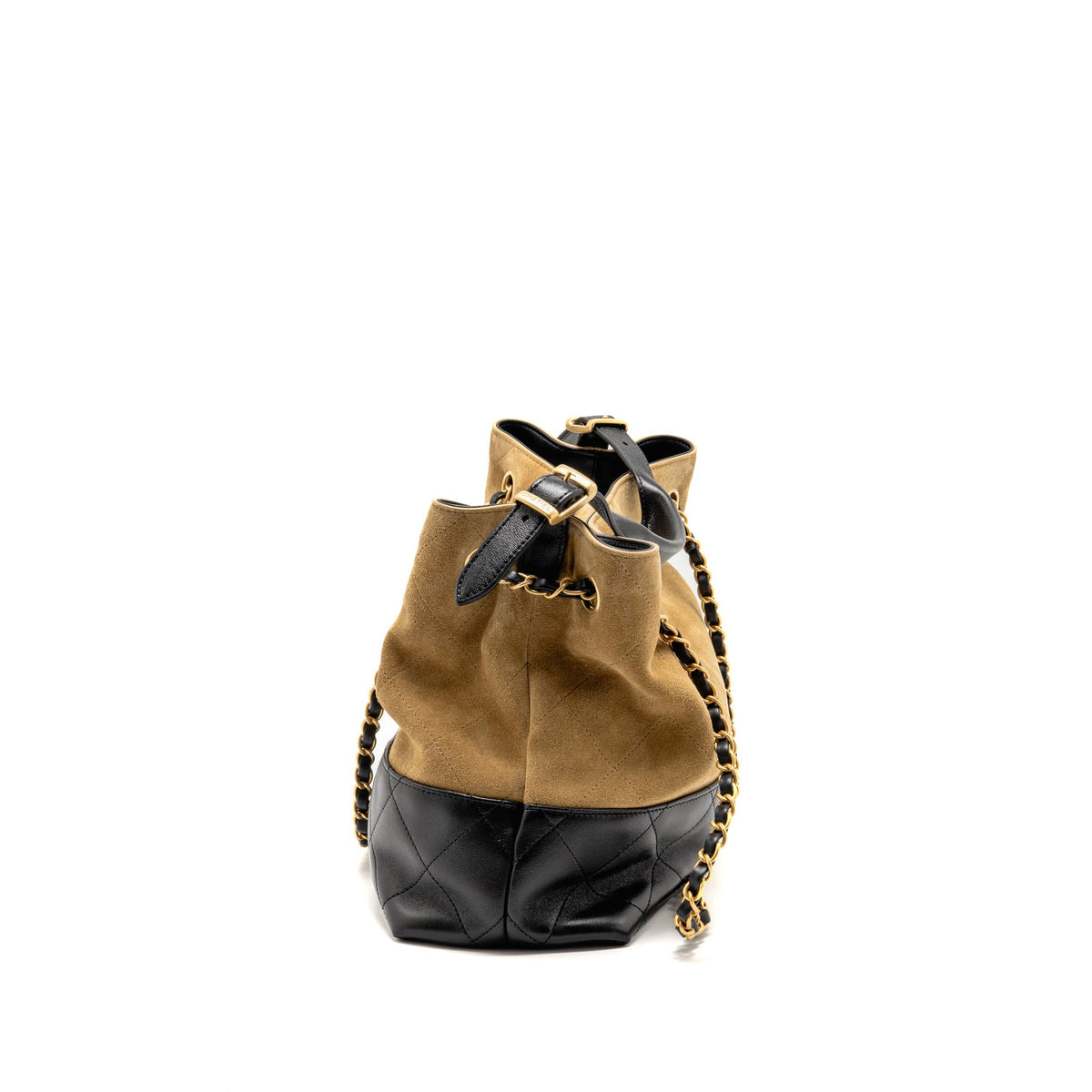 CHANEL SMALL SHOPPING BAG SUEDE/SHINY LAMBSKIN BEIGE/BLACK GHW (MICROCHIP)
