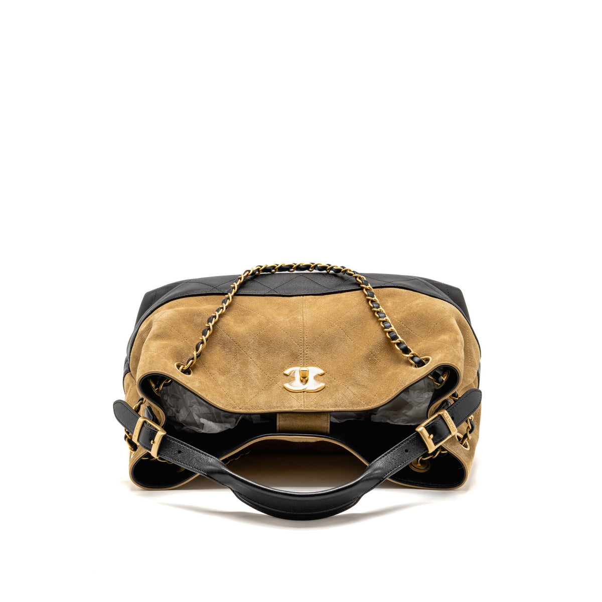 CHANEL SMALL SHOPPING BAG SUEDE/SHINY LAMBSKIN BEIGE/BLACK GHW (MICROCHIP)