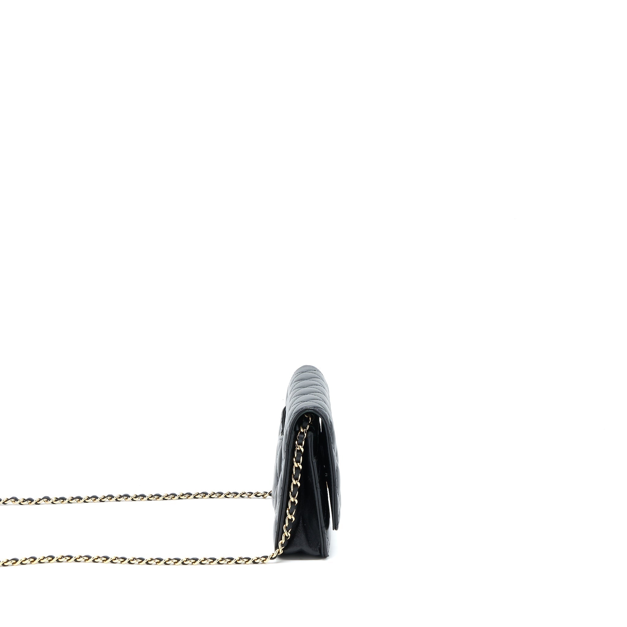 CHANEL QUILTED WALLET ON CHAIN WITH CAMELLIA CHAIN LAMBSKIN BLACK LGHW
