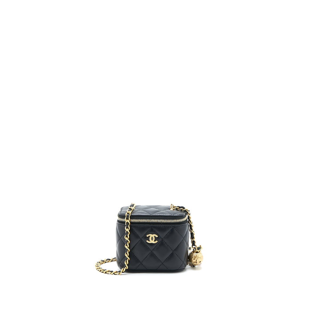 CHANEL PEARL CRUSH MINI VANITY WITH CHAIN LAMBSKIN BLACK GHW (MICROCHIP)