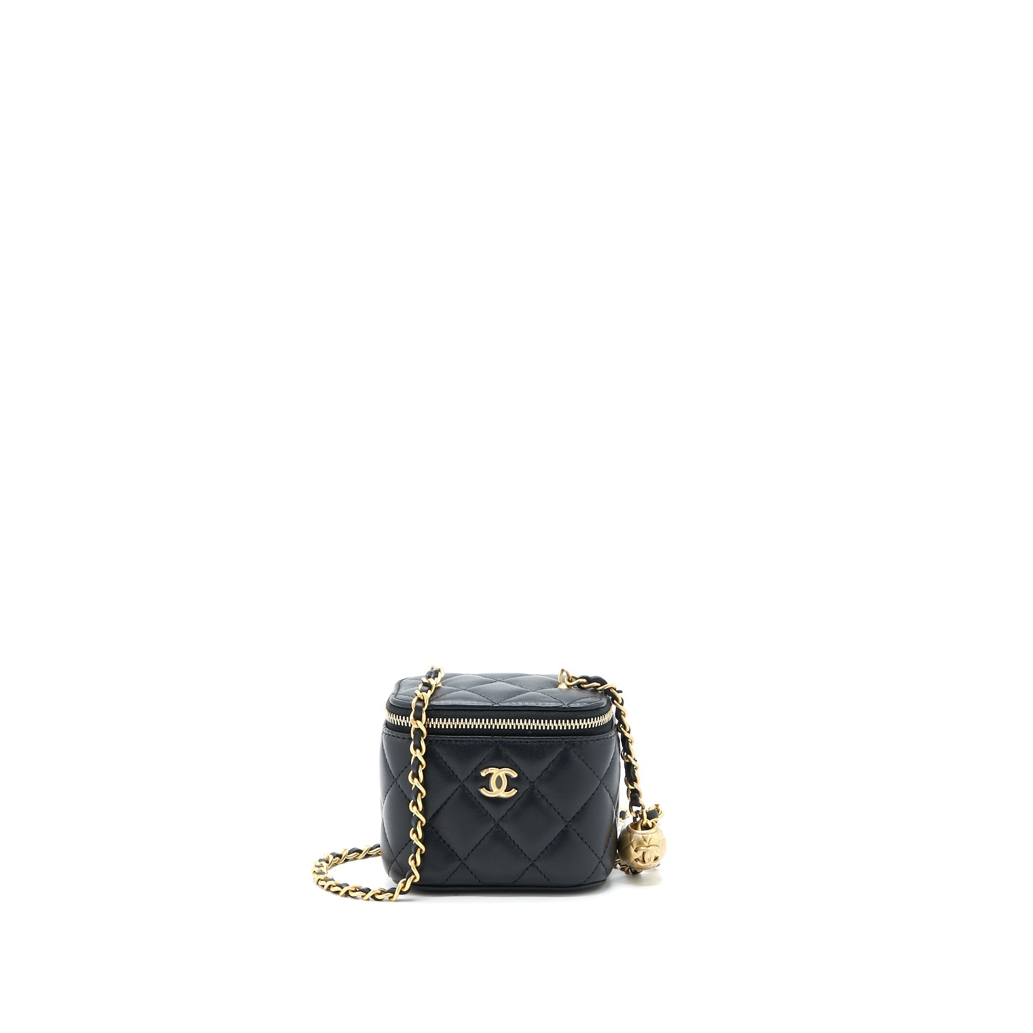 CHANEL PEARL CRUSH MINI VANITY WITH CHAIN LAMBSKIN BLACK GHW (MICROCHIP)