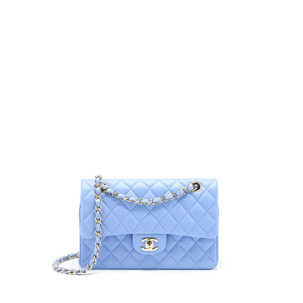 CHANEL SMALL CLASSIC DOUBLE FLAP BAG LAMBSKIN BLUE LGHW