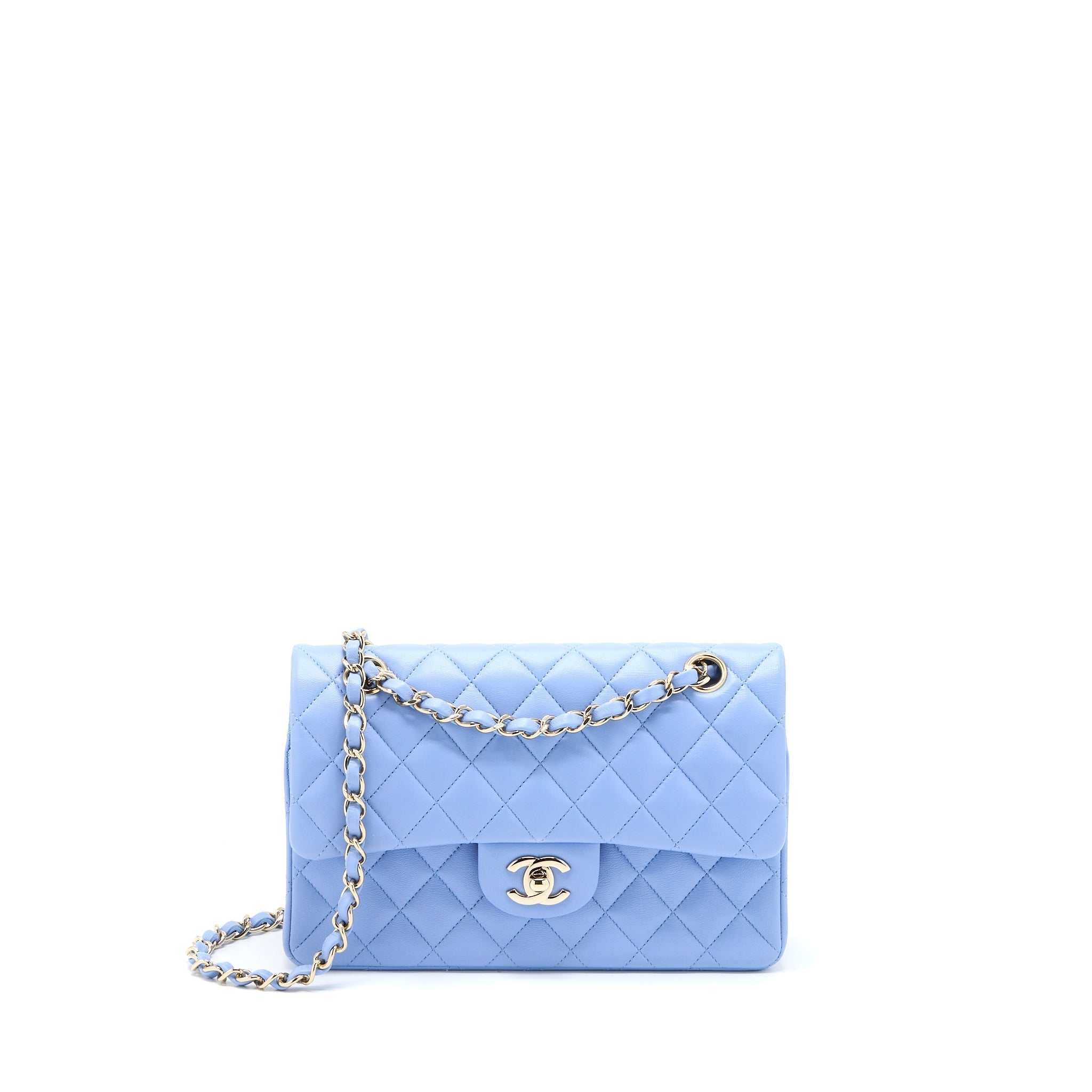 CHANEL SMALL CLASSIC DOUBLE FLAP BAG LAMBSKIN BLUE LGHW