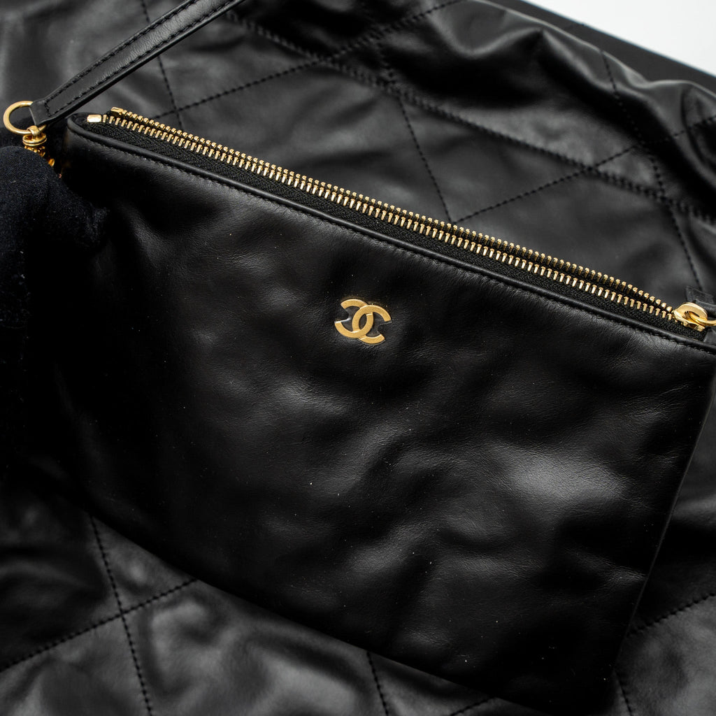 CHANEL SMALL 22 BAG WHITE LETTER SHINY CALFSKIN BLACK BRUSHED GHW (MICROCHIP)