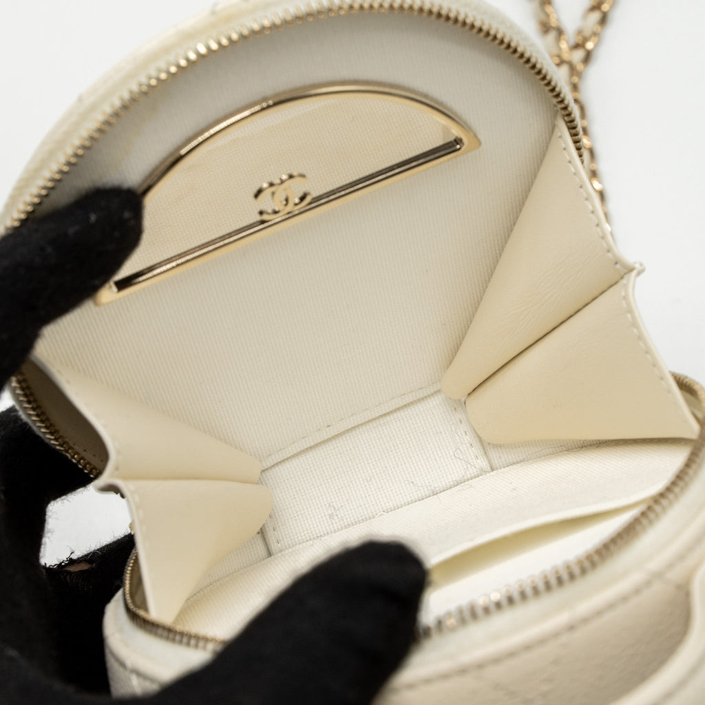 CHANEL TOP HANDLE MINI ROUND VANITY WITH CHAIN CAVIAR WHITE LGHW