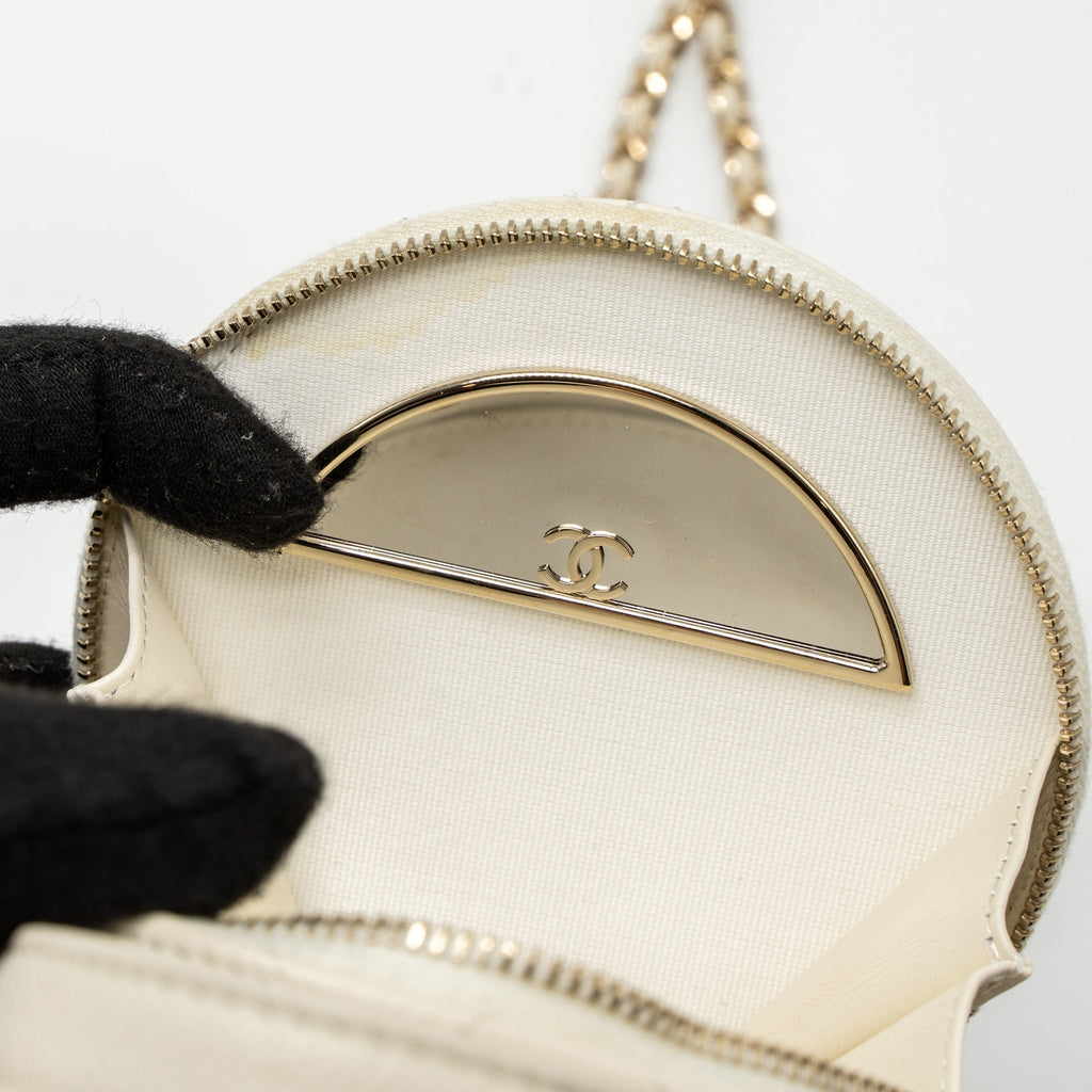 CHANEL TOP HANDLE MINI ROUND VANITY WITH CHAIN CAVIAR WHITE LGHW