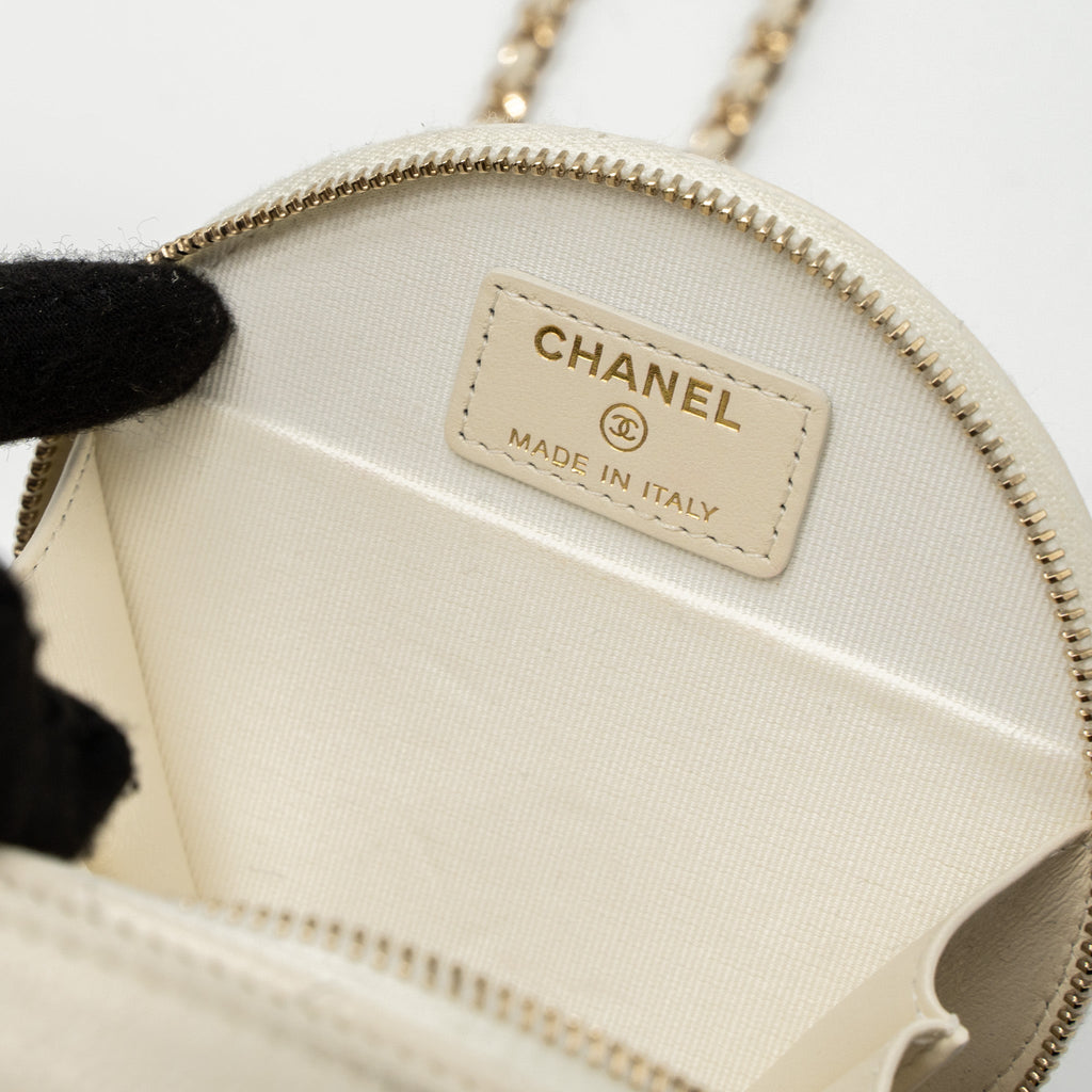 CHANEL TOP HANDLE MINI ROUND VANITY WITH CHAIN CAVIAR WHITE LGHW