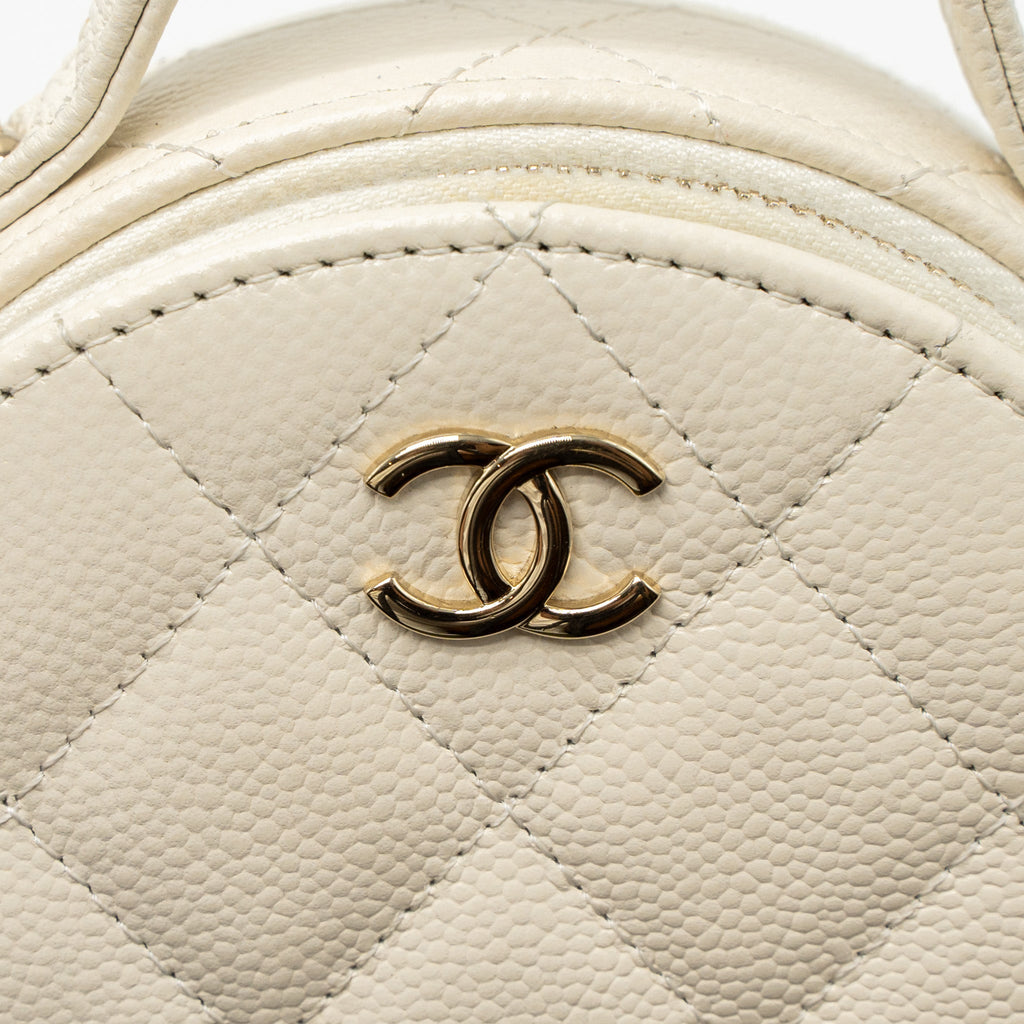 CHANEL TOP HANDLE MINI ROUND VANITY WITH CHAIN CAVIAR WHITE LGHW