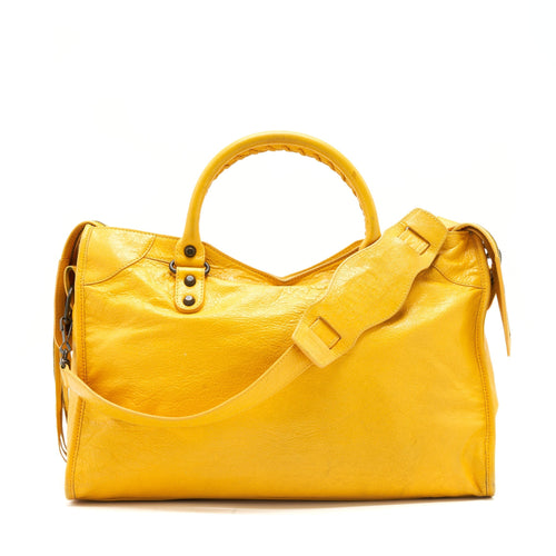 BALENCIAGA CLASSIC CITY BAG YELLOW RUTHENIUM HARDWARE