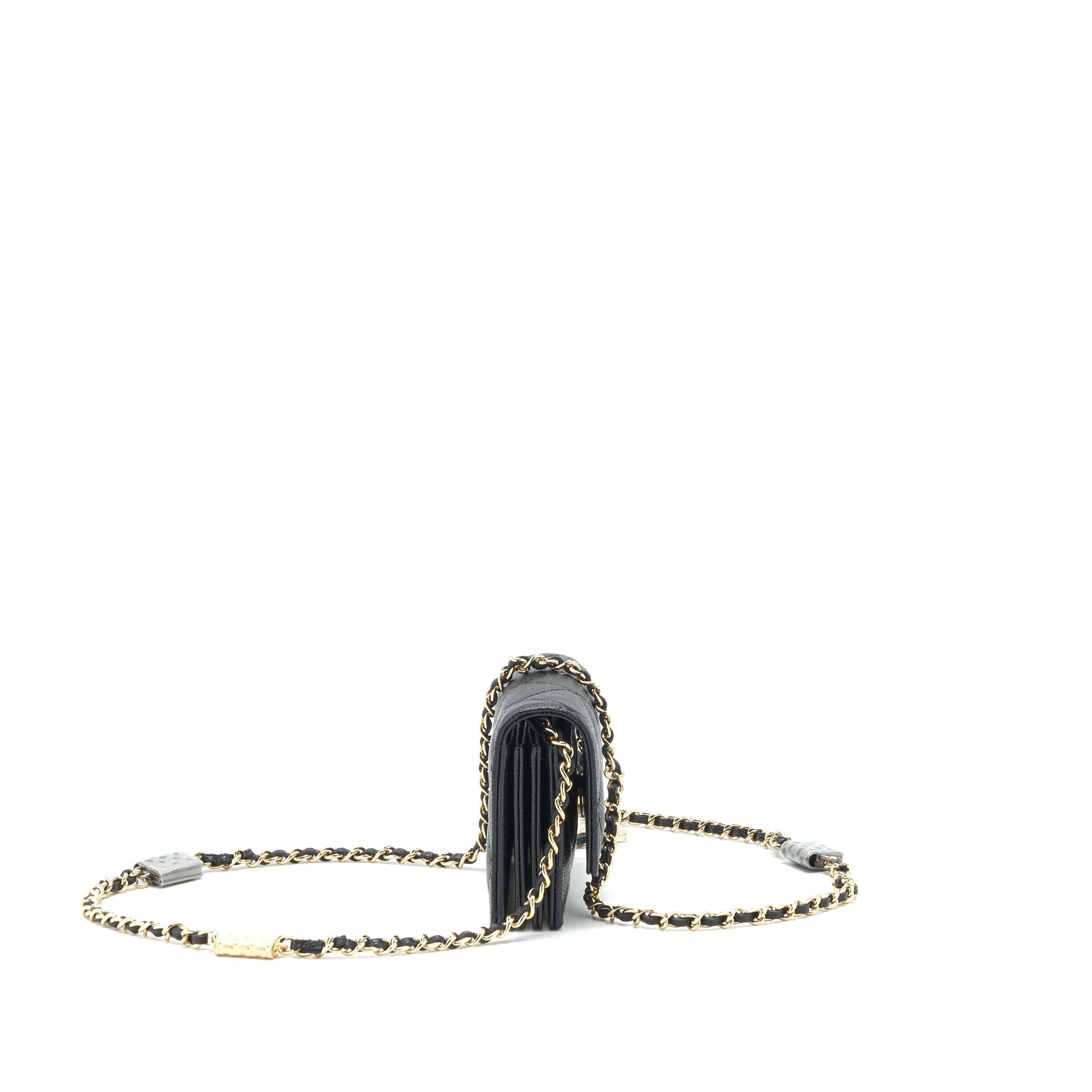 CHANEL 21K CAVIAR MINI FLAP CARDHOLDER WITH CHAIN BLACK LGHW