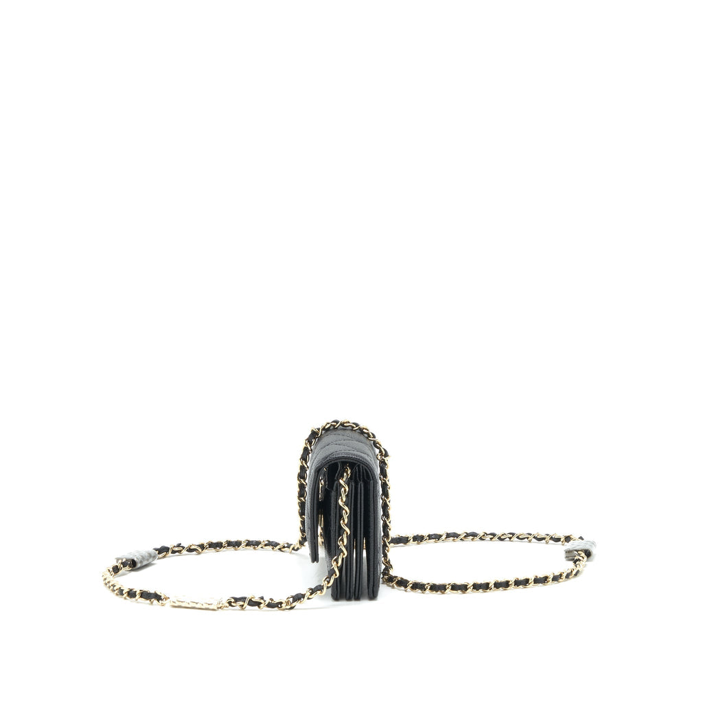 CHANEL 21K CAVIAR MINI FLAP CARDHOLDER WITH CHAIN BLACK LGHW