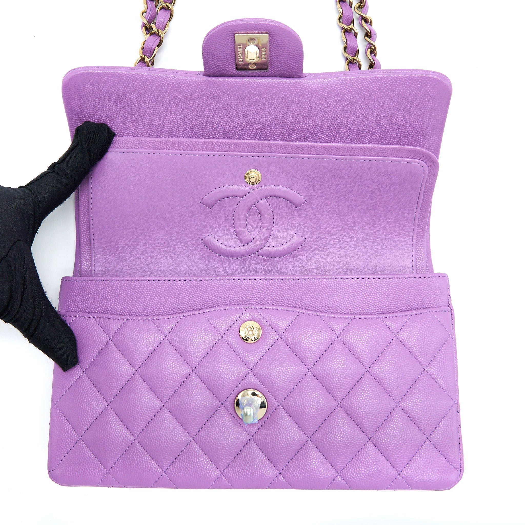 CHANEL 22S SMALL CLASSIC DOUBLE FLAP BAG CAVIAR PURPLE LGHW (MICROCHIP)