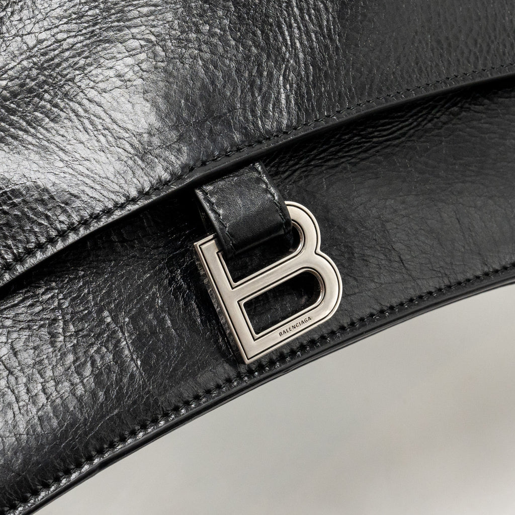 BALENCIAGA MEDIUM CRUSH SHOULDER BAG CALFSKIN LEATHER BLACK SHW