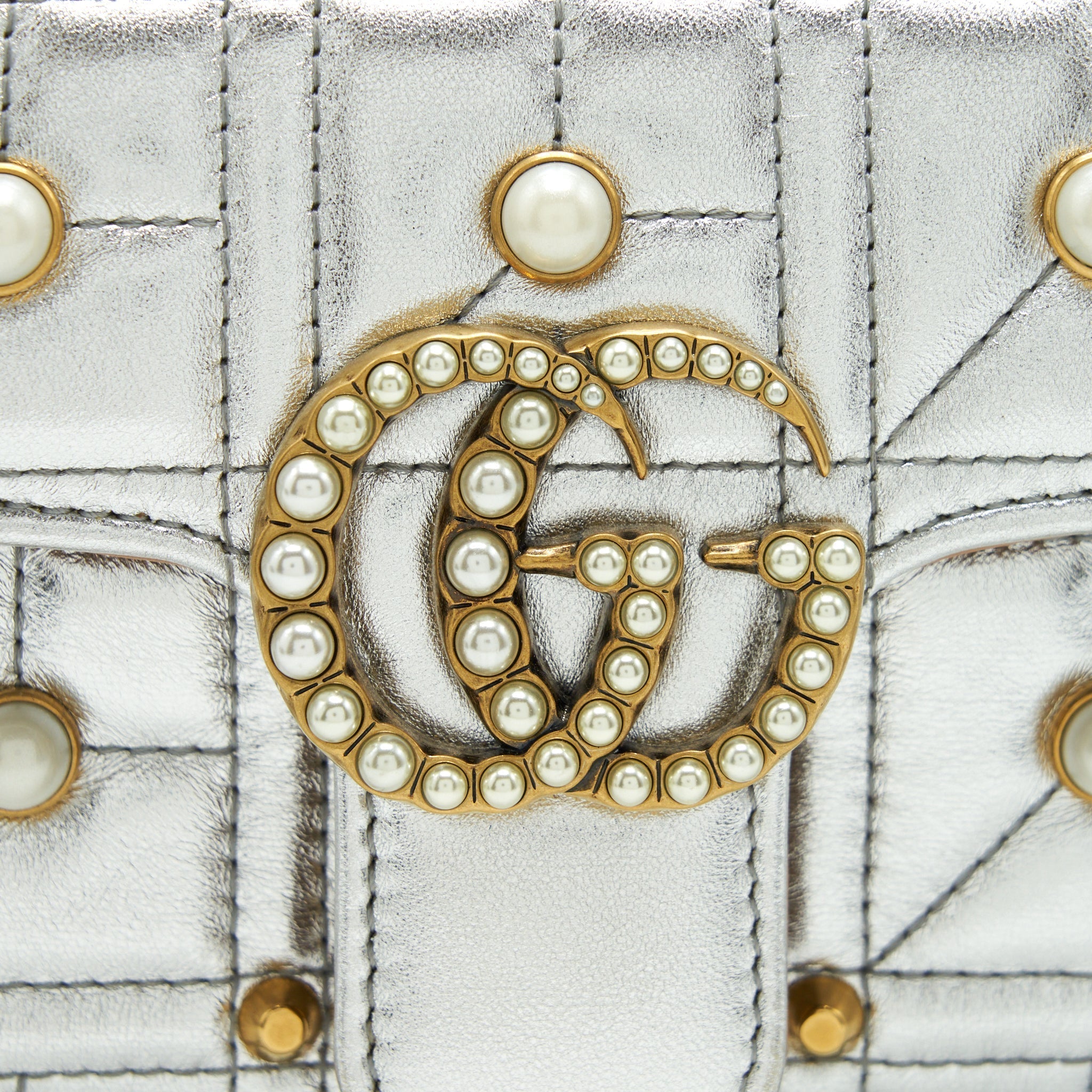 GUCCI MINI GG MARMONT FLAP BAG LIMITED EDITION SILVER WITH PEARL/GOLD HARDWARE