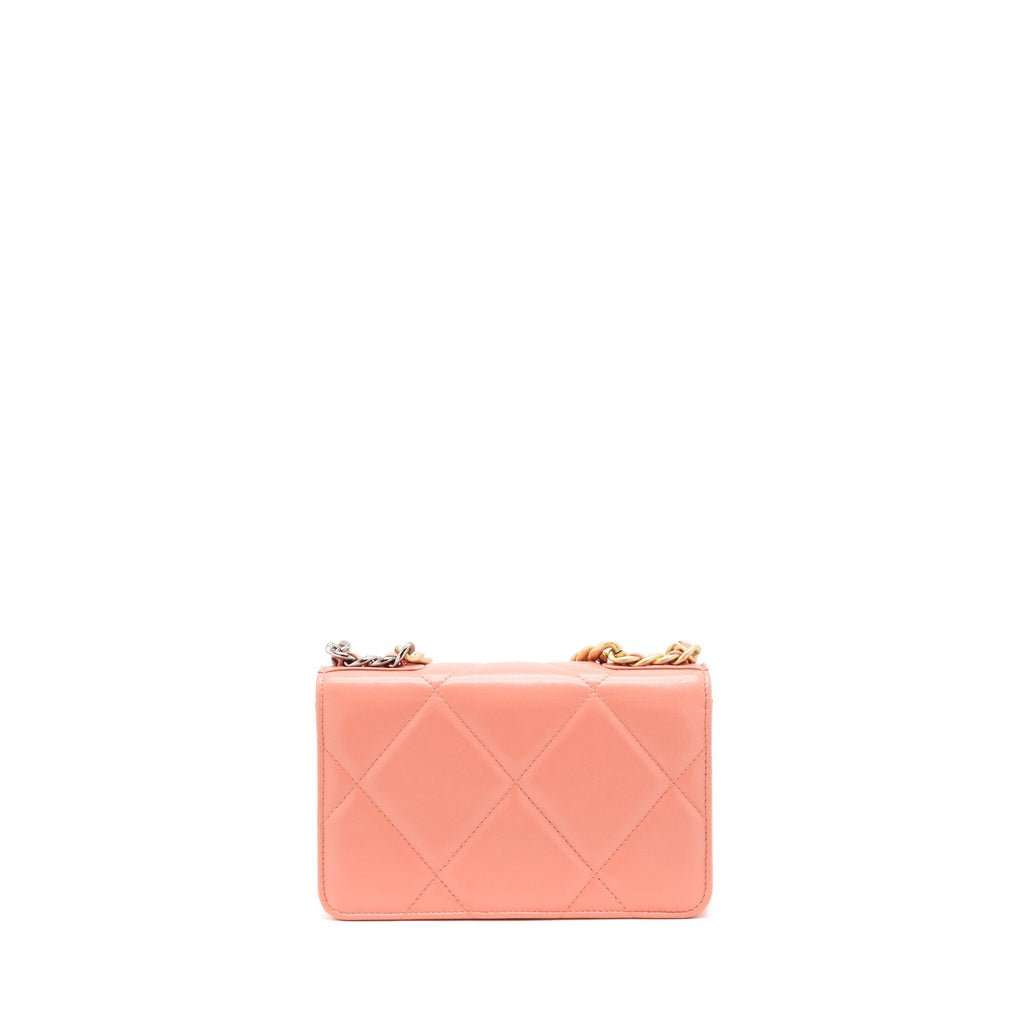 CHANEL 19 WALLET ON CHAIN GOATSKIN PINK WITH GOLD AND SILVER HARDWARE