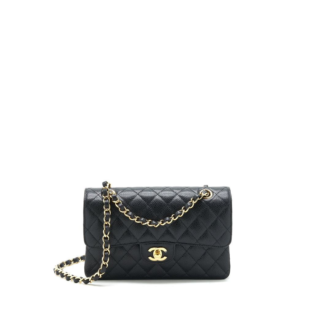 CHANEL 22C CAVIAR SMALL CLASSIC DOUBLE FLAP BAG BLACK GHW