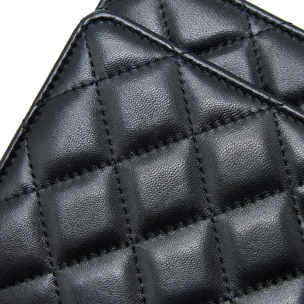 CHANEL QUILTED WALLET ON CHAIN WITH CAMELLIA CHAIN LAMBSKIN BLACK LGHW