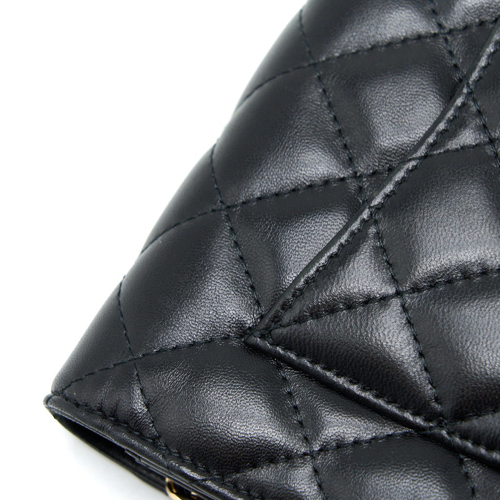 CHANEL QUILTED WALLET ON CHAIN WITH CAMELLIA CHAIN LAMBSKIN BLACK LGHW