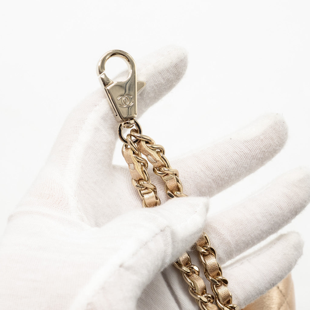 CHANEL ROUND CLIP ON PURSE DUO BAG CHARM QUILTED LAMBSKIN METALLIC GOLD LGHW(MICROCHIP)