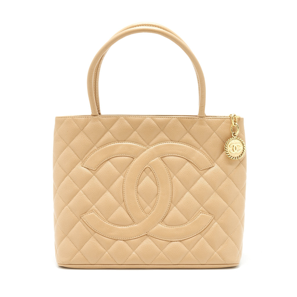 CHANEL VINTAGE MEDALLION TOTE BAG CAVIAR BEIGE GHW