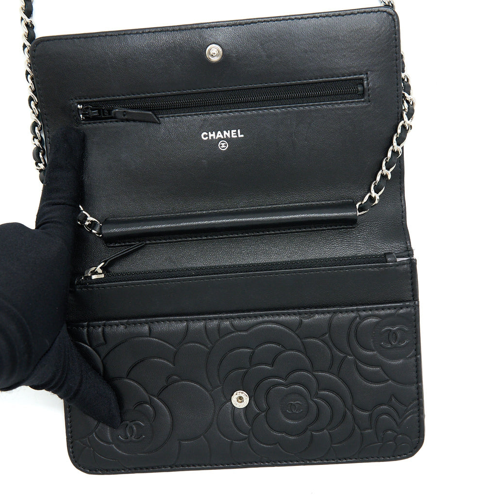 CHANEL CAMELLIA WALLET ON CHAIN LAMBSKIN BLACK SHW