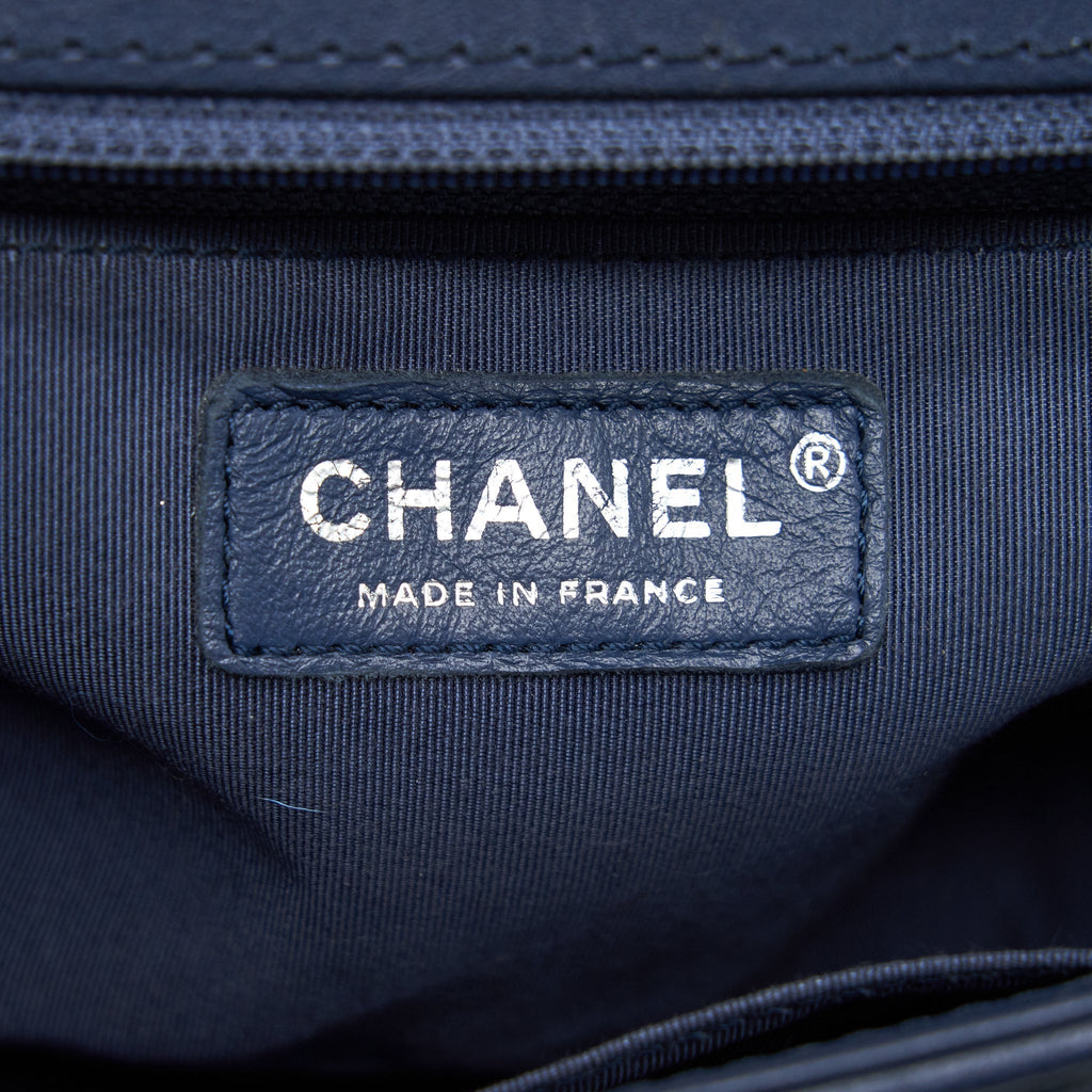 CHANEL BOY BAG WITH TOP HANDLE NAVY RUTHENIUM SLIVER HARDWARE
