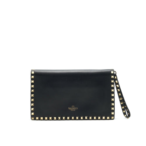 VALENTINO GARAVANI ROCKSTUD LEATHER CLUTCH BAG BLACK