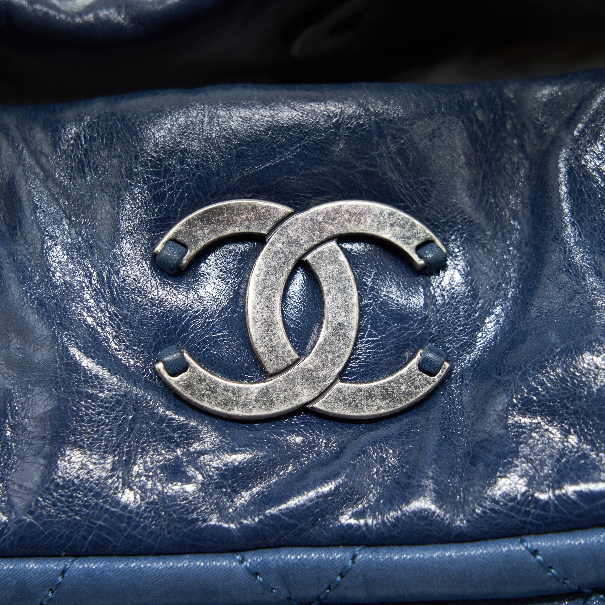 CHANEL QUILTED SHOULDER BAG BLUE RUTHENIUM HARDWARE