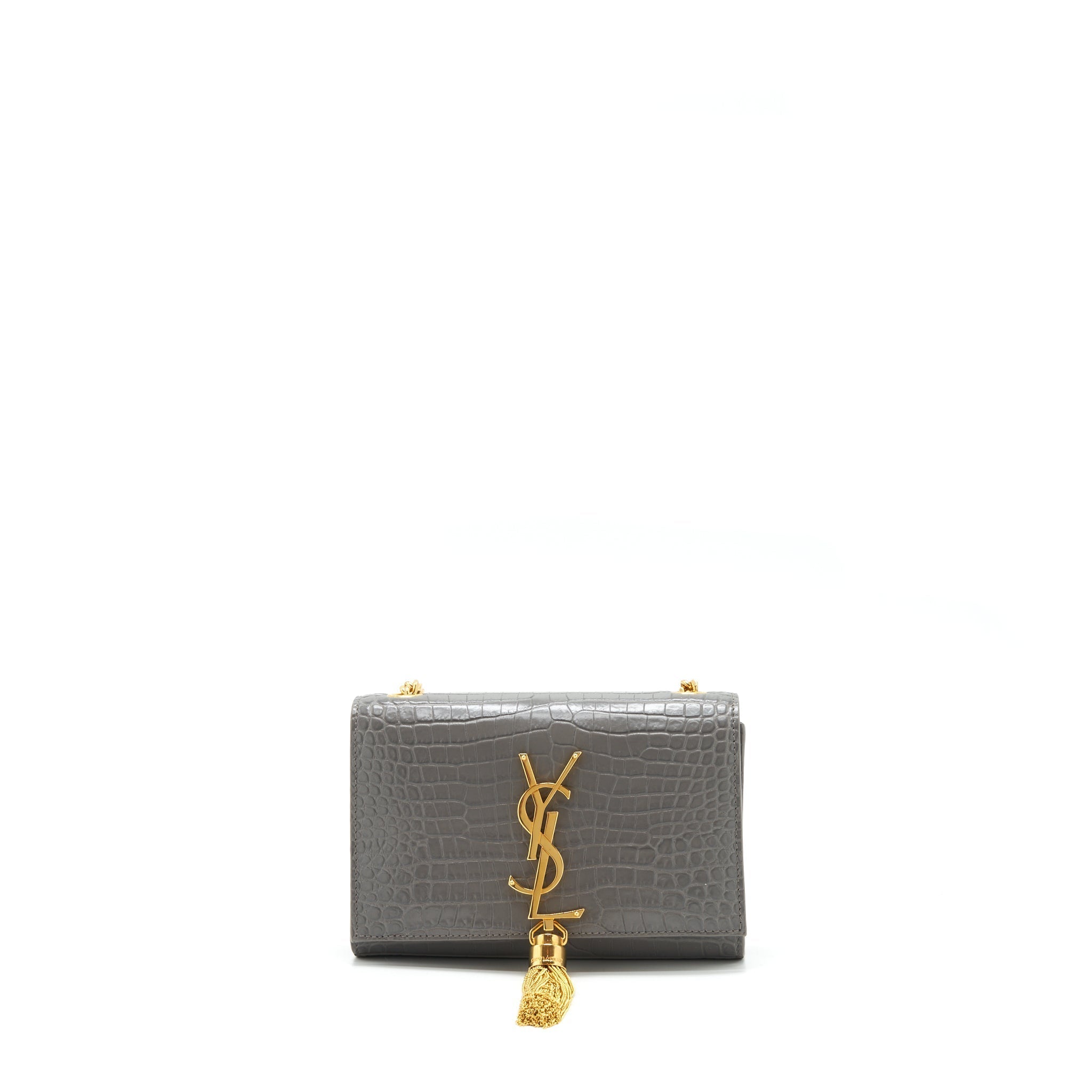 SAINT LAURENT/YSL KATE TASSEL CROC EMBOSSED CALFSKIN GREY GHW