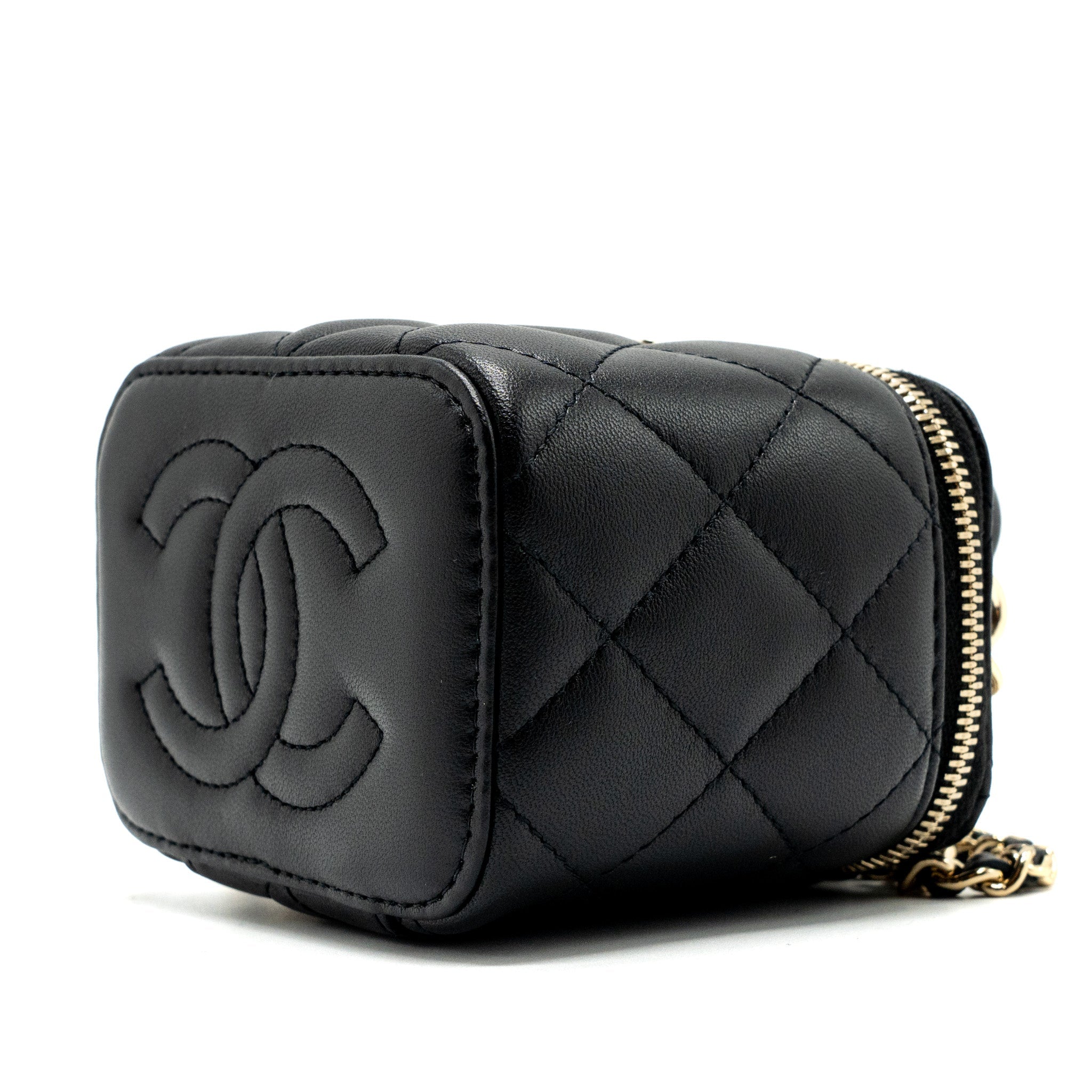 CHANEL TOP HANDLE MINI VANITY WITH CHAIN LAMBSKIN BLACK LGHW (MICROCHIP)