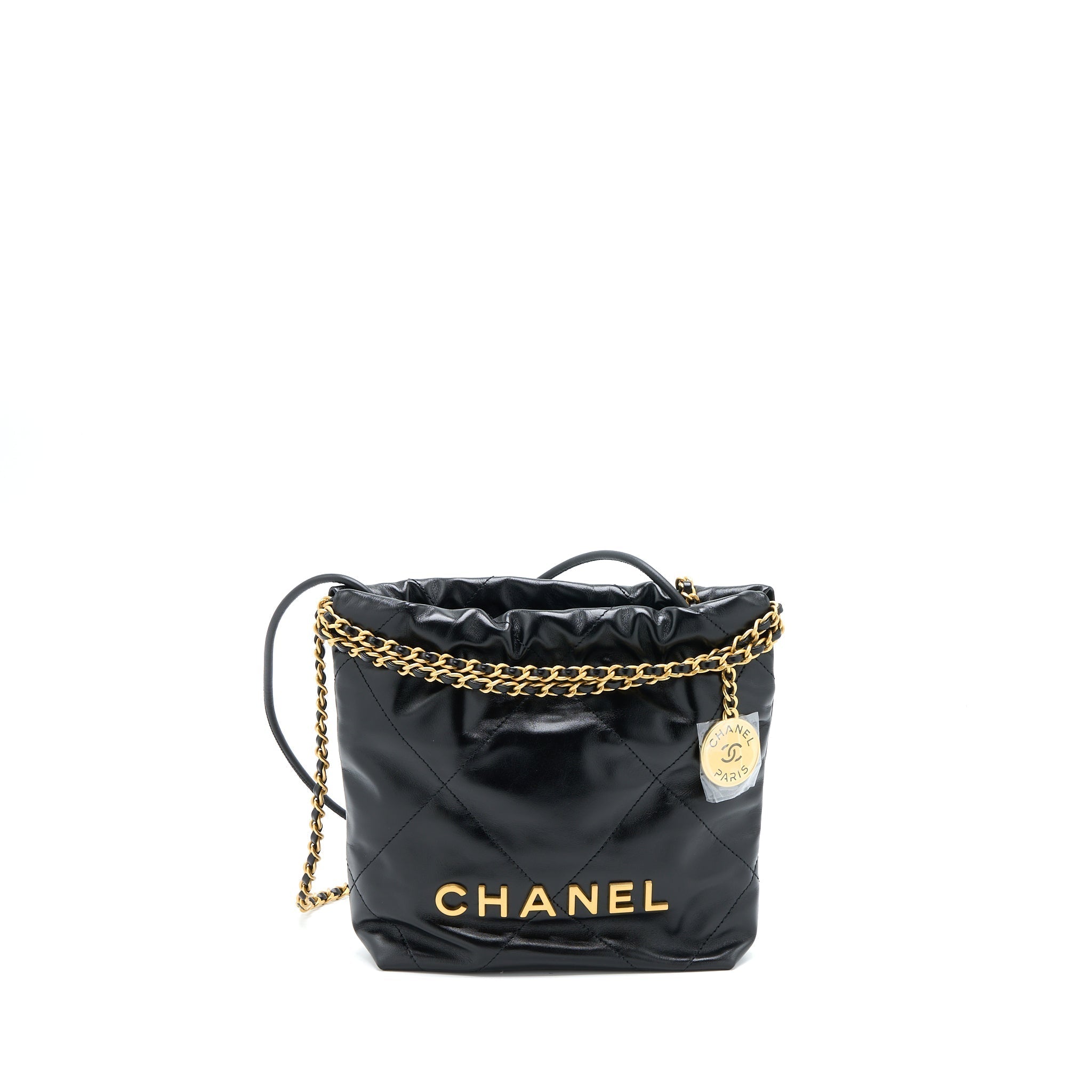 CHANEL 23S MINI 22 BAG SHINY CALFSKIN BLACK BRUSHED GHW(MICROCHIP)