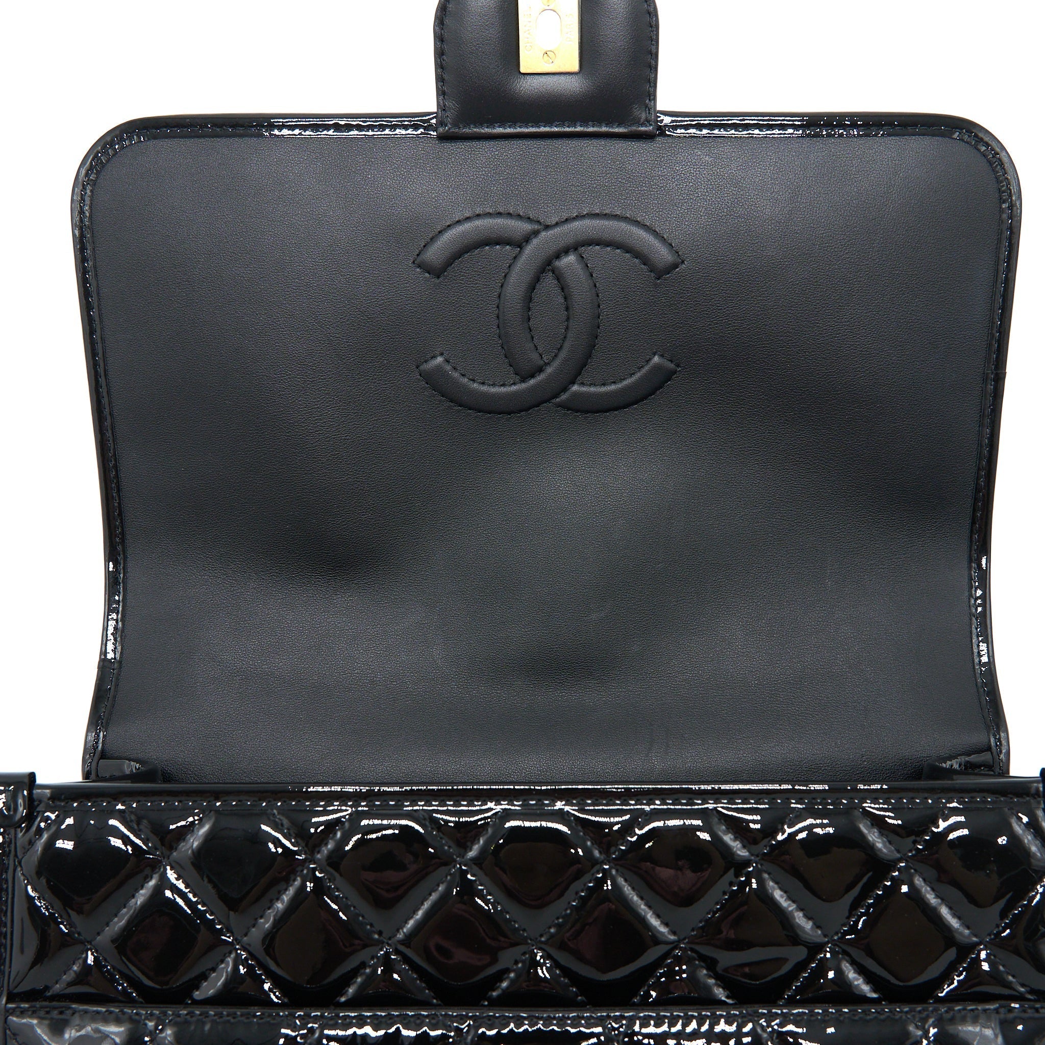 CHANEL 22K LARGE BACKPACK PATENT BLACK BRUSHED GHW (MICROCHIP)