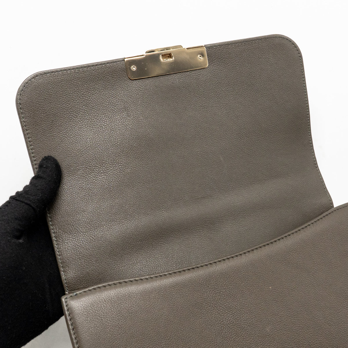 Chanel Top Handle Label Click Flap Bag Grained Calfskin Khaki LGHW