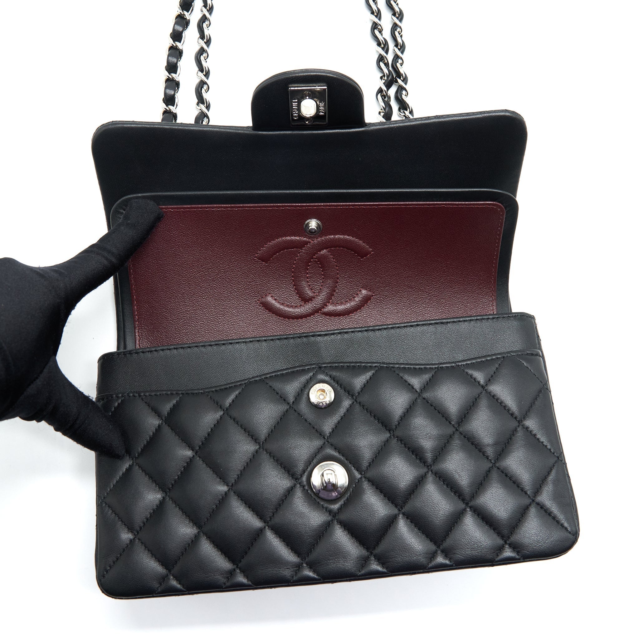 CHANEL SMALL CLASSIC DOUBLE FLAP BAG LAMBSKIN BLACK SHW
