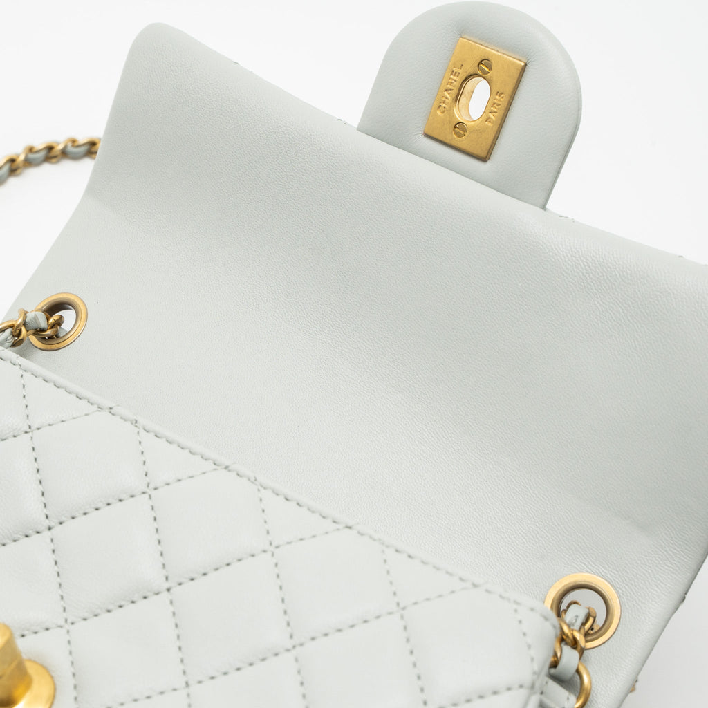 CHANEL PEARL CRUSH MINI RECTANGULAR LAMBSKIN LIGHT GREY BRUSHED GHW (MICROCHIP)