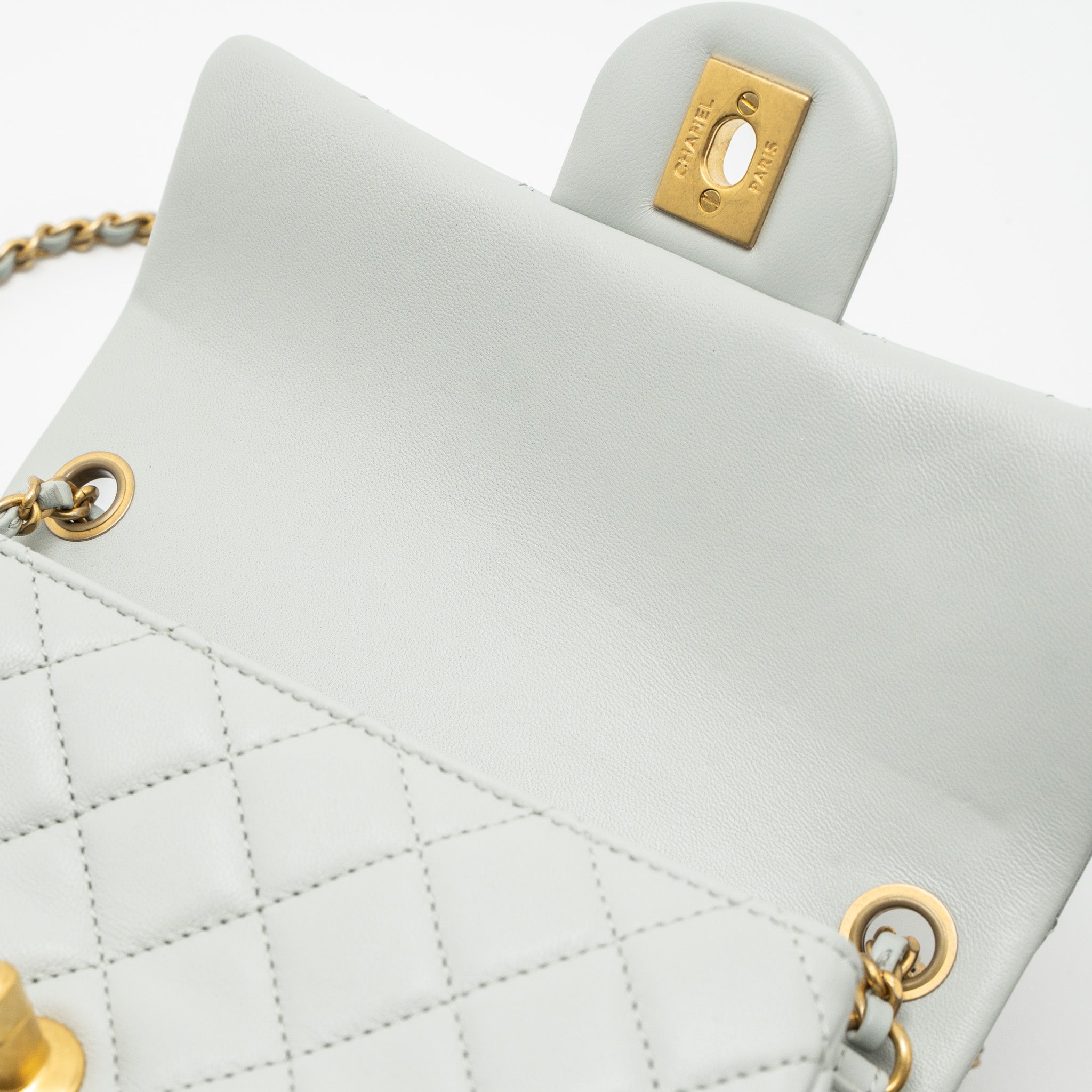 CHANEL PEARL CRUSH MINI RECTANGULAR LAMBSKIN LIGHT GREY BRUSHED GHW (MICROCHIP)